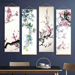 Chinese Plum Blossom Scroll Hanging Canvas Poster Vintage Flower Wall Picture Scroll Painting For Living Room Home Decor L230704