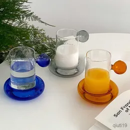 Tassen Klare Farbe Glas Kaffeetassen Tablett Set Transparent Kreative Trinken Wasser Tee Milch Hohe Becher Glas Tasse Set R230712