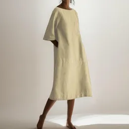 Casual Sukienki Damskie Bawełniana pościel Elegancja Sukienka Krótki rękaw Szczupła Nieregularny Vintage Jednokolorowe Luźna Kobieta Midi Praca minimalistyczny styl