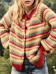여자 니트 여성 크로 셰 뜨개질 화려한 줄무늬 양모 니트 카디건 2023 레이디스 빈티지 느슨한 긴 소매 스웨터 클래식