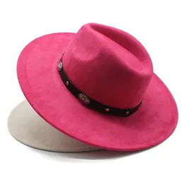 Cappelli fedora in pelle scamosciata vintage 9,5 cm Tesa larga Donna Uomo Panama Trilby Cappellino formale da chiesa Cappelli jazz con cinturino alla moda