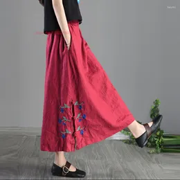 Ethnische Kleidung 2023 Chinesische Vintage Baumwolle Leinen Rock Nationale Blumenstickerei Orientalische A-Linie Lange Retro Streetwear