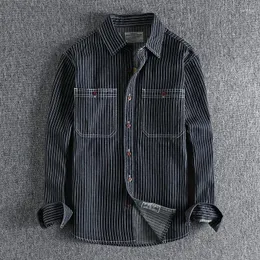 Męskie koszule na co dzień jesień amerykański Retro Heavyweight Denim Cargo haft koszula w paski moda czysta bawełna prane bluzki kurtka