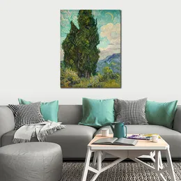 Fine Art Canvas Painting Two Cypresses Ii Handcrafted Vincent Van Gogh Reproduction Artwork Home Decor