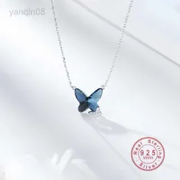 Pendant Necklaces OBEAR 925 Sterling Silver Blue Crystal Butterfly Necklace Women's Jewelry Memory Wedding Valentine's Day Gift for Women HKD230712