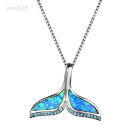 Pendant Necklaces 925 Sterling Silver Necklaces Blue Opal Ocean Sea Fish Whale's Tail Mermaid Pendant Necklaces Women Jewelry HKD230712