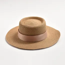 Chapéus para mulheres Flat Top Ribbon Bowknot Elegante Straw Sun Hats Summer Sun Protection Beach Hat Gorras Hombre