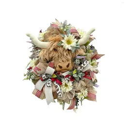 Decorative Flowers Highland Cattle Spring Wreath Front Door 40cm For Porch Farmhouse Realistic Home Decor Artificial Flower