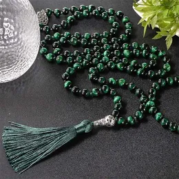 Pendant Necklaces 8mm Natural Green Tiger Eye Knotted Beaded 108 Japamala Necklace Meditation Yoga Blessing Jewelry with Tree of Life Pendant HKD230712