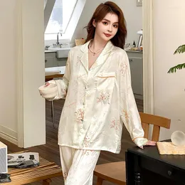 Roupa de dormir feminina QSROCIO Primavera Verão Seda Como Pijama Feminino Jacquard Manga Curta Cardigan Calça Duas Peças Conjunto Roupas Casuais para Casa