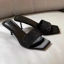 lady Sandals New Square Headed Slim Heel Slippers High Heels Style Black Rhinestone Open Toe Sexy for Women 230626