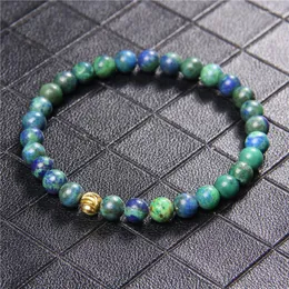 Strand 6mm Natural Stone Beaded Bracelet Lapis Lazuli Onyx Beads Round Gold Color Ball Charm Women Men Jewelry Gifts