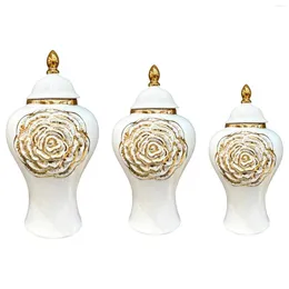 Garrafas de armazenamento Jarra de cerâmica com tampa Decoração de sala de estar com acabamento em esmalte fino Mesa Arranjo floral Cor dourada Flor Moderna