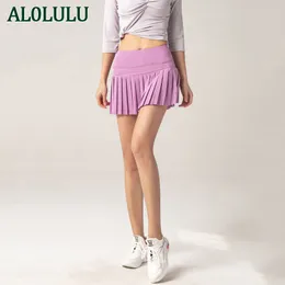 Al0lulu Yoga Sports Tennis kjol Kvinnor Anti Light Outdoor Fitness Yoga kjol Shorts Snabbtorkande veckade kjolar