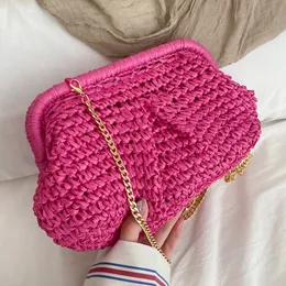 Evening Bags 2023 Summer Fashion Women Allmatch Clutch Sense Of Straw Weave Wallet Ladies Chain Shoulder Pink Crossbody 230713