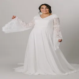 2021 Plus Size A-Line Boho Modest Wedding Dresses Long Bell Sleeves v Neck Simple Chiffon Dressons Dontrals Bride Bride Custom 319U