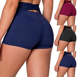 Shorts ativos femininos com alça na cintura alta apertada fitness cor sólida elástico para ioga