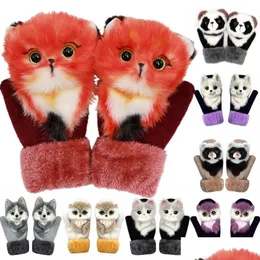 Mittens Winter Knit Gloves Cute 3D Fluffy Cartoon Animal Decor Thickened Plush Lining Windproof Thermal Warm Outfit Girls Drop Deliv Dhwhm