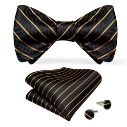 Hi-Tie Bow Tie Set Luxury Black Gold Striped Silk Self Bow Tie for Men DropLH-0093219R