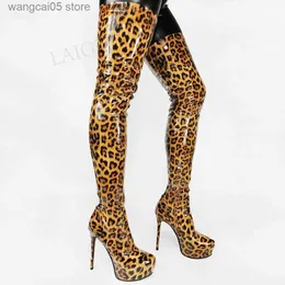 Boots Women Crotch High Platform Boots Shiny Patent Side Zip Stiletto Heels Thigh High Boots Cosplay Plus Size 44 46 50 52 T230713