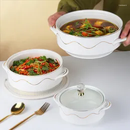 Bowls Ceramic Soup Bowl Phnom With Glass Cover Handle Salad Fruit Large Noodle Rice Pot Home Dessert Breakfast Oatmeal Tableware