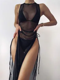 Женские купальные костюмы Chronstyle Mesh See See Through Plord Bikini Conts Sexy Women Smopear High Split Count-Up Swimsuit Barching Waring 230713
