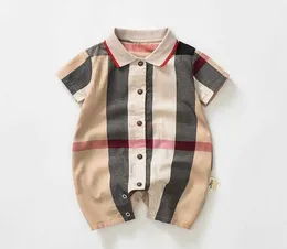 Bebis Pojkar Rutig Romper Småbarn Barn Lapel Enkelknäppta Jumpsuits Designer Spädbarn Onesie Nyfödd Fritidskläder