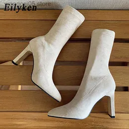 Boots Eilyken Plus Size 34-42 High Heel Boots Sock Flock Women Shoes Sexy Thick Heel Female Winter Pointed Toe Ankle Booties Shoes T230713