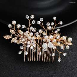 Headpieces Wholesale Fashion Wedding Party Jewelry Rhinestone Pearl and Crystal Gold Hair Comb för brudtillbehör