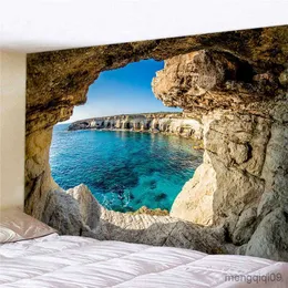 Tapissries Seaside Landscape Cave Beach Sunshine Forest målning Tapestry Wall Hanging Bohemian Style Psychedelic Home Decor R230713