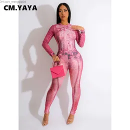 女性のポロスCM。 Yaya Fashion Women's Fake Jeans 3D Printing Lengastic Skin-Tight Garment+Pants Set 2023 Sexy Party Club Ins Two-Piece Set Z230713