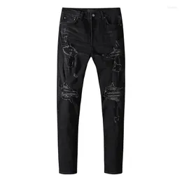 الجينز للرجال AM أزياء العلامة التجارية High Street Punk Black Heal Hole Hole Hole Pants Patch Stretch Slim Fit Moto Prouts