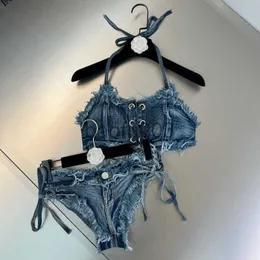 Femmes Deux Pièces Pantalon Dôme Caméras BORVEMAYS 2023 Été Nouveau Suspendu Cou Sans Manches Couleur Unie Cordon Débardeurs Denim Shorts Deux Pièces Ensembles Personne J230713