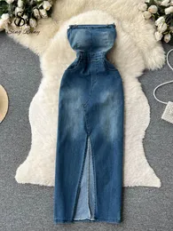 Urban Sexy Jurken SINGREINY 2023 Strapless Denim Dres Uit de Schouder Slanke Split Lange Koreaanse Streetwear Retro Bodycon 230712