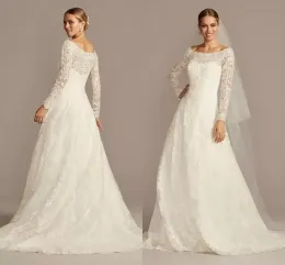 Off-the-shoulder OLEG CASSINI Lace A-line Wedding Dress Full Lace Applique Long Sleeve Plus Size Sweep Train Wedding Gown