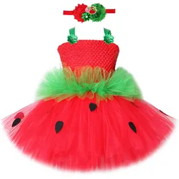 Vestidos de menina vermelho verde morango vestidos para meninas vestido tutu de princesa com flores faixa de cabeça infantil fantasia de menina para festa de aniversárioHKD230712