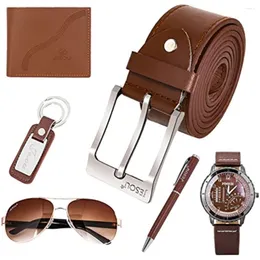 Wristwatches 6Pcs Men's Gift Set With Box Brown Leather Belt Wallet Watch Glasses Keychain Ballpoint Pen Business Birthday Gifts For Men