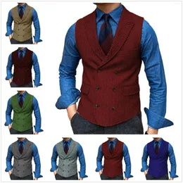 Men's Vests Men's Double Breasted Tweed Vest Vintage Notched Lapel Herringbone Slim Business Party Groomsmen Wedding