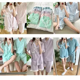 Dam Nattkläder Rutigt tryck Sommar Pyjamas Set Koreansk spets Patchwork Enkelknäppta skjortor Shorts Tvådelad hemkostym Kvinnor Kawaii