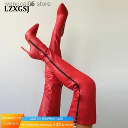 Boots Sexy Red Over The Knee Boots Women High Heels Ladies Big Size 43 Thigh High Boots Pu Leather Botas Female Shoes T230713