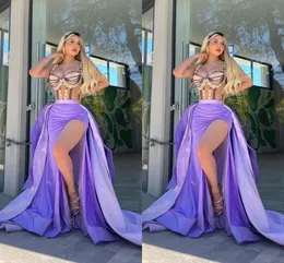 Sparkly Purple Sheath Prom Dresses Long For Black Women Plus Size Pleats Applique High Side Split Formal Endast Endast Evening Birthday Club Party Pageant Gowns