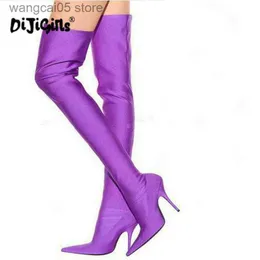 Stövlar Drop Ship New Spring/Autumn Sexig lår Hög Boot Satin Stretch Elastic över knäskyen Slim High Heels Long Booties Shoes T230713