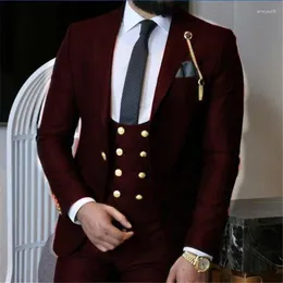 남자 양복 2023 부르고뉴 3 조각 남성 슬림 핏 웨딩 신랑 턱시도 턱시도 한 버튼 공식 무도회 비즈니스 슈트 (재킷 바지 조끼)