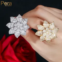 Bröllopsringar Pera Fashion Famous Brand Big 3D Flower Shape Cubic Zirconia African Gold Color Engagement Party Finger Rings for Women R089 230713