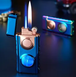 Senaste Facklan Wheel Jet Lighter Double Fire 7 Färger Metall Uppblåsbar Ingen Gas Cigarr Butan Vindtätare Rökverktyg Tillbehör