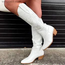Boots BONJOMARISA White Cowboy Cowgirls Western Boots Embroidery Fashion Women Knee-High Boots Autumn Design women's Boots Shoes T230713