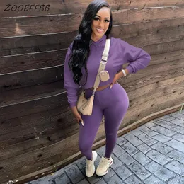 Women's Two Piece Pants ZOOEFFBB Women Set Long Sleeve Crop Top Hoodie Fitness Tracksuit Fall Clothes Sexy Club Wear Vacation Outfits