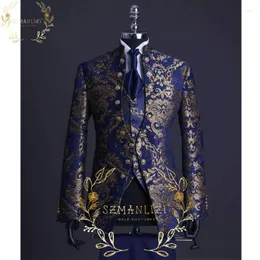 Abiti da uomo Bellissimi abiti da uomo con bordo floreale in oro blu e collo alla coreana Costume da smoking da sposo formale da uomo (giacca pantaloni gilet)
