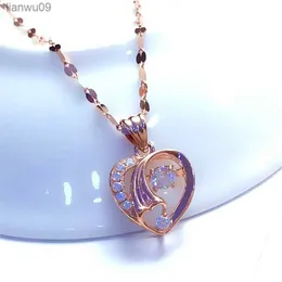 585 Fioletowe złoto Inkrustowane kryształowe puste serce szyi dla kobiety14K Rose Gold wisiorek Moda Słodka romantyczna biżuteria zaręczynowa L230704