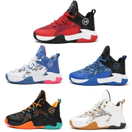 2023 Kinder-Basketballschuhe, Jungen und Mädchen, atmungsaktives Mesh, weiß, blau, schwarz, orange, rot, golden, Trainer, Outdoor-Sport, Teenager